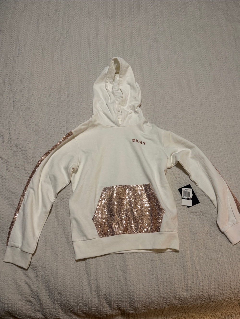 DKNY Cream Hoodie with Rose Gold Sequin Pocket and Sleeve Stripes